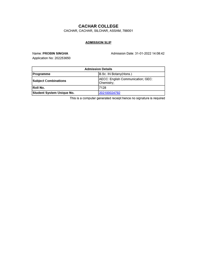 Cachar College B.Sc. Admission Slip | PDF