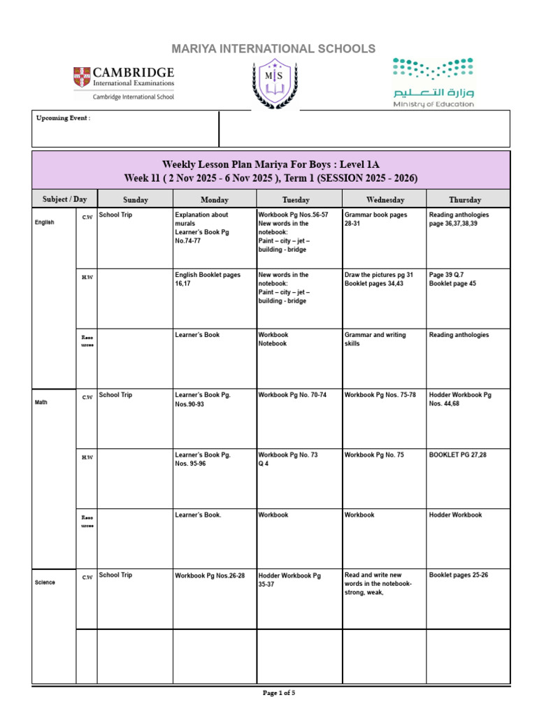 1A Weekly Plan Week-11 Term-1 | PDF