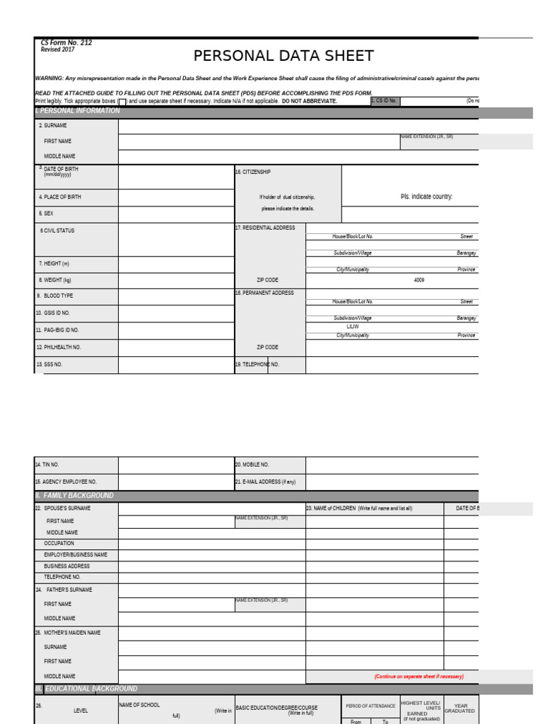 Personal Data Sheet (PDS) Guidelines | PDF | Government | Justice