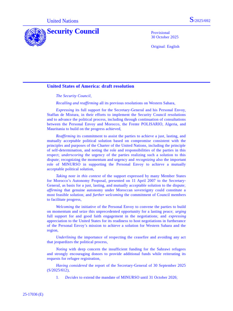 UN Security Council Resolution on Western Sahara | PDF | Western Sahara ...