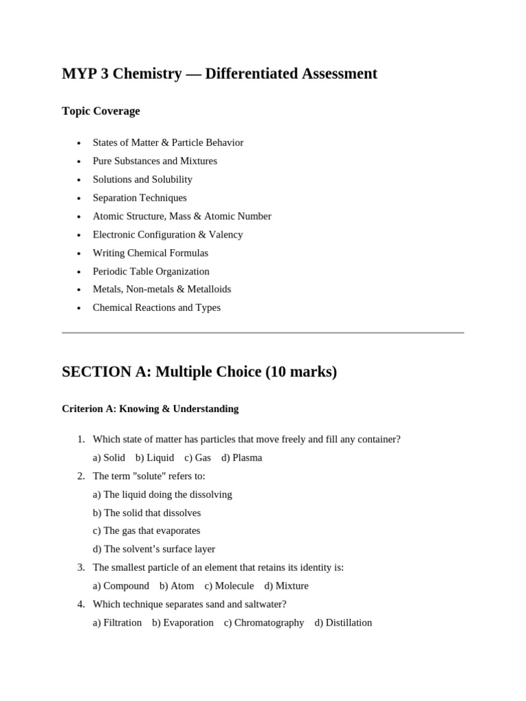 MYP 3 Chemistry Assessment Guide | PDF | Chemical Substances | Mixture
