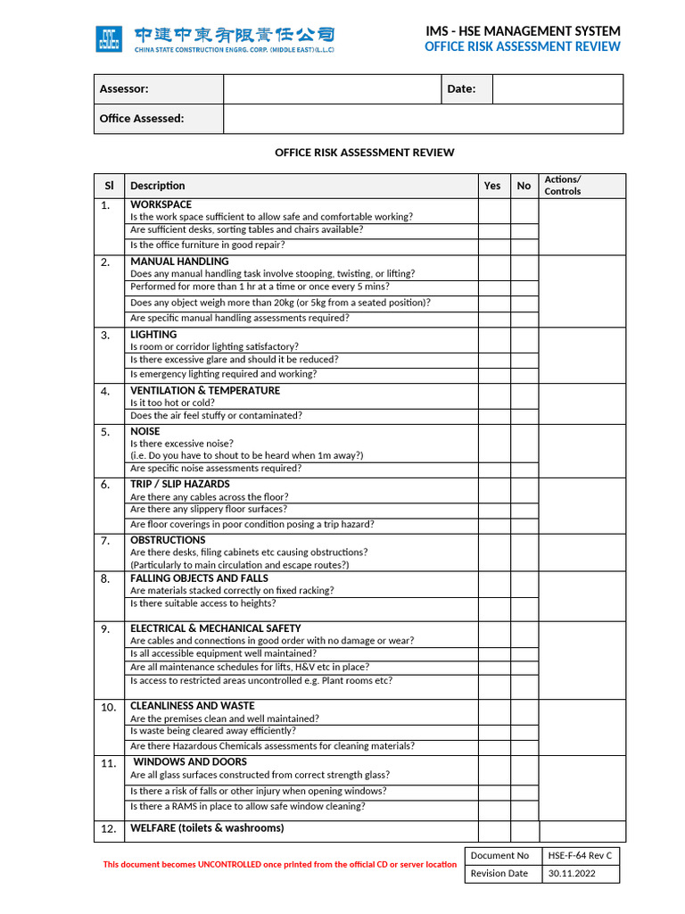 Office Risk Assessment Checklist | PDF | Public Toilet | Safety