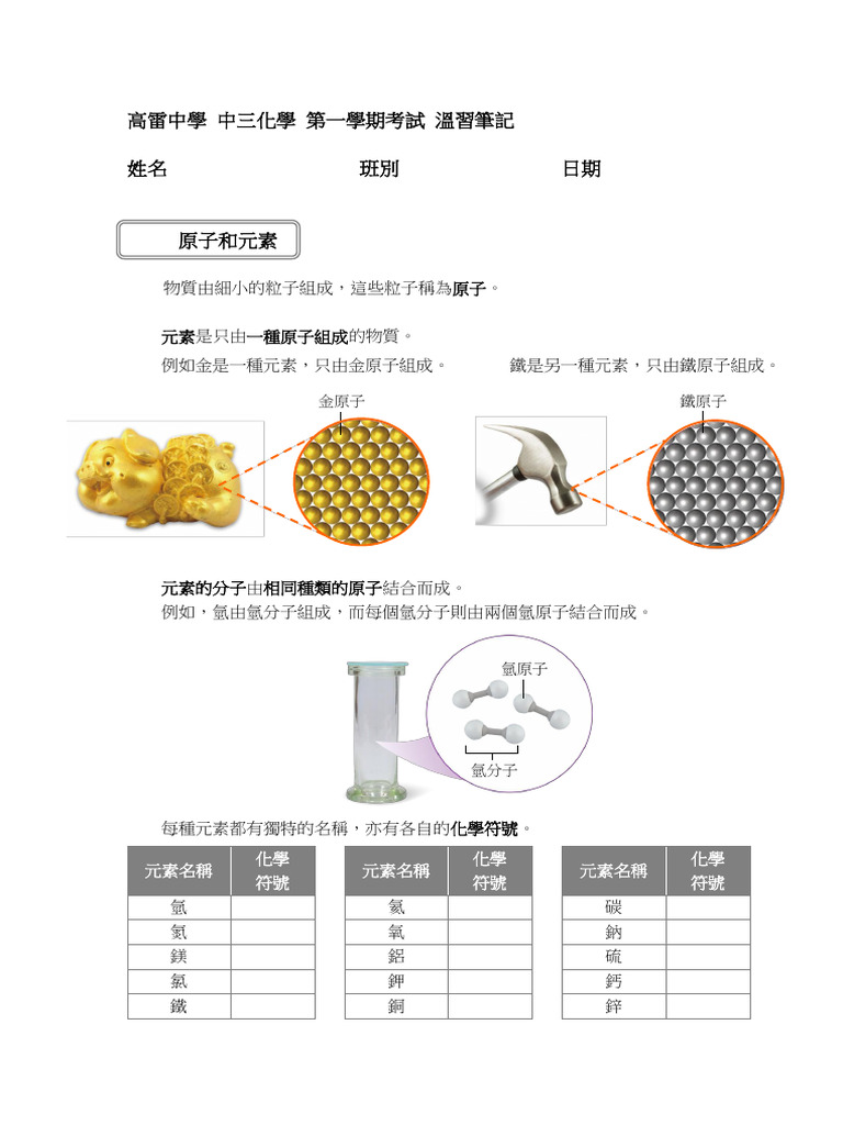 中三化學24-25 第一學期考試溫習筆記| PDF