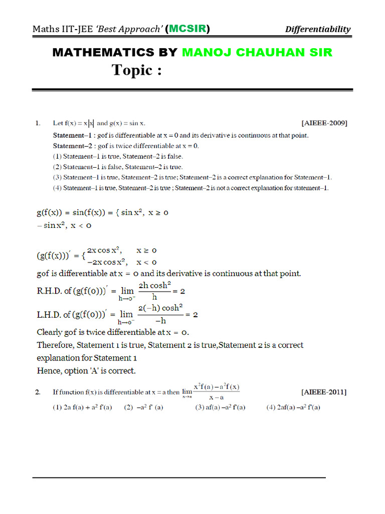 IIT-JEE Differentiability Guide | PDF | Mathematics | Science Education