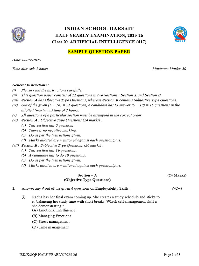 X Artificial Intelligence Sample Question Paper Half Yearly 2025-26 ...