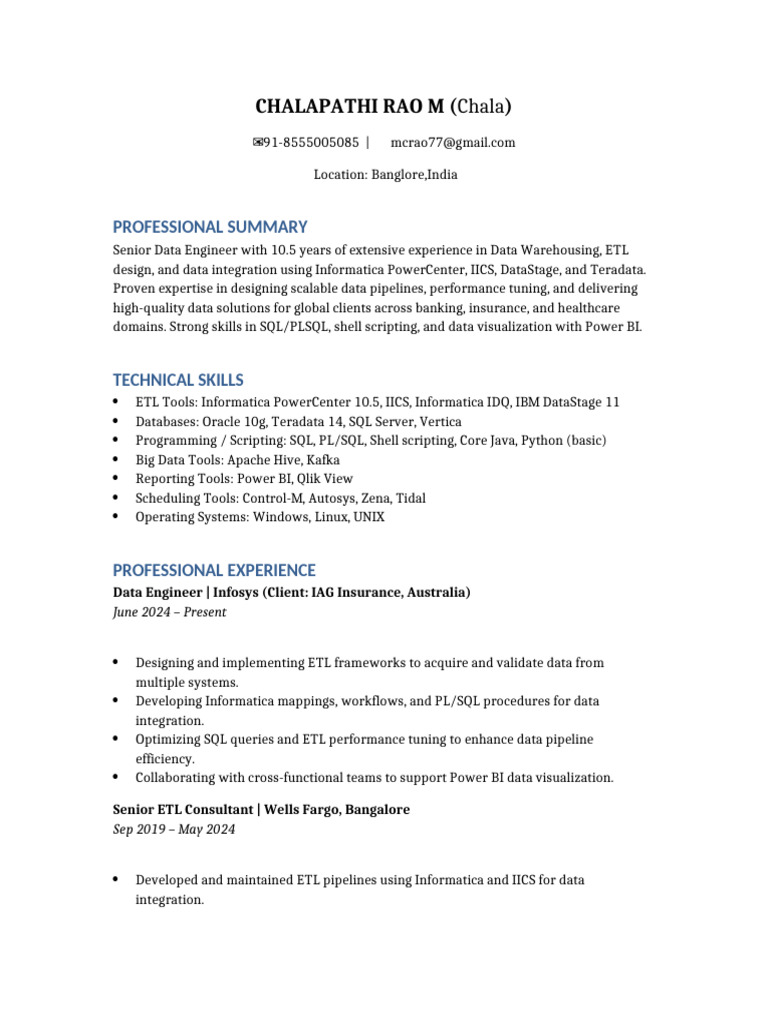 Chala's SR Informatica IICS ETL Data Engineer Resume | PDF | Sql | Pl/Sql