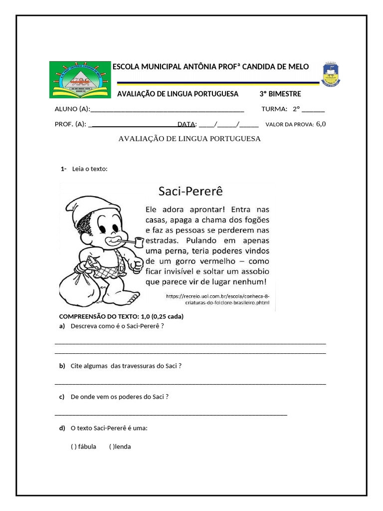 Avaliação de Língua Portuguesa 2º Ano | PDF