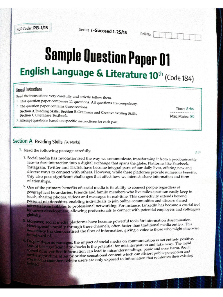 Class 10th Sample Paper English | PDF