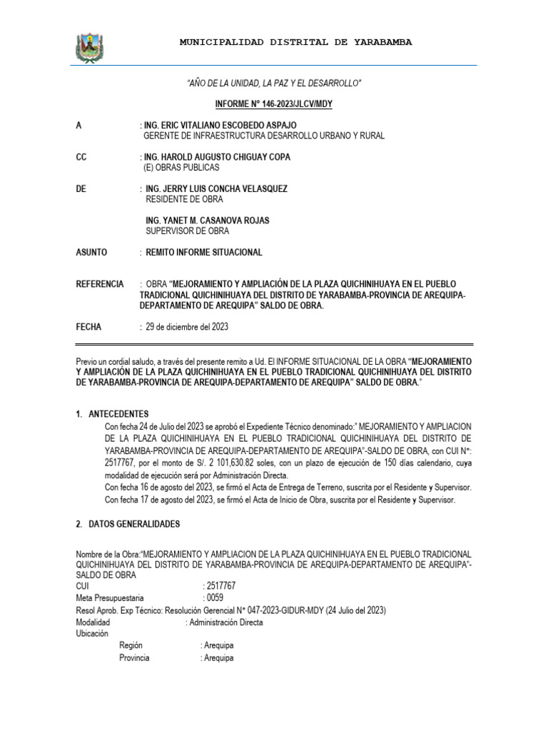 Obra - Mejoramiento y Ampliación de La Plaza Quichinihuaya | PDF ...