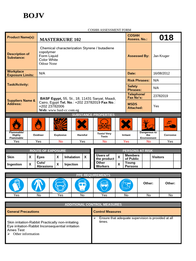 COSHH Assessment for MASTERKURE 102 | PDF | Toxicity | Water