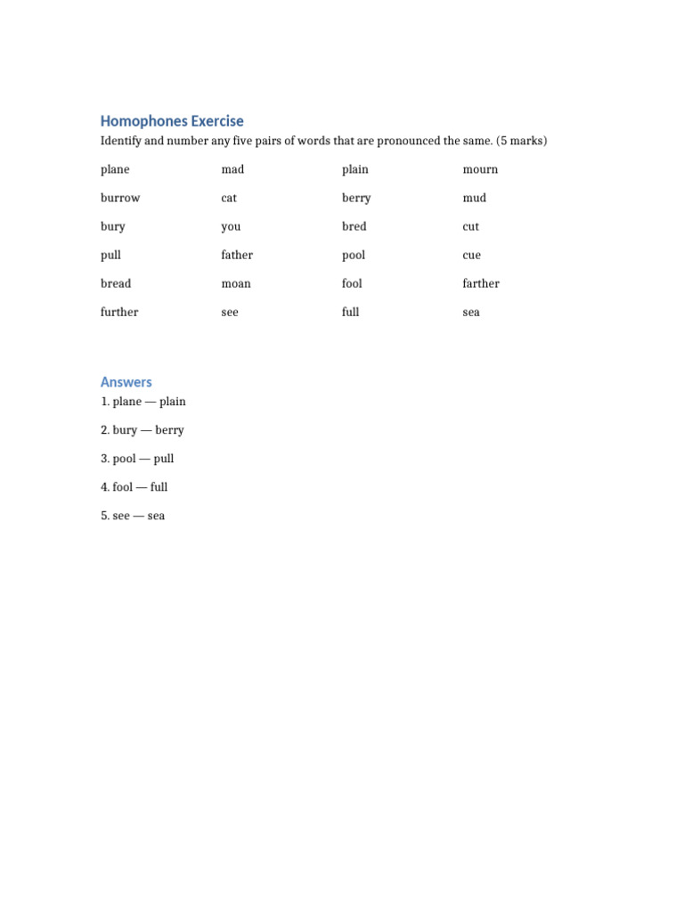Homophones Identification Exercise | PDF