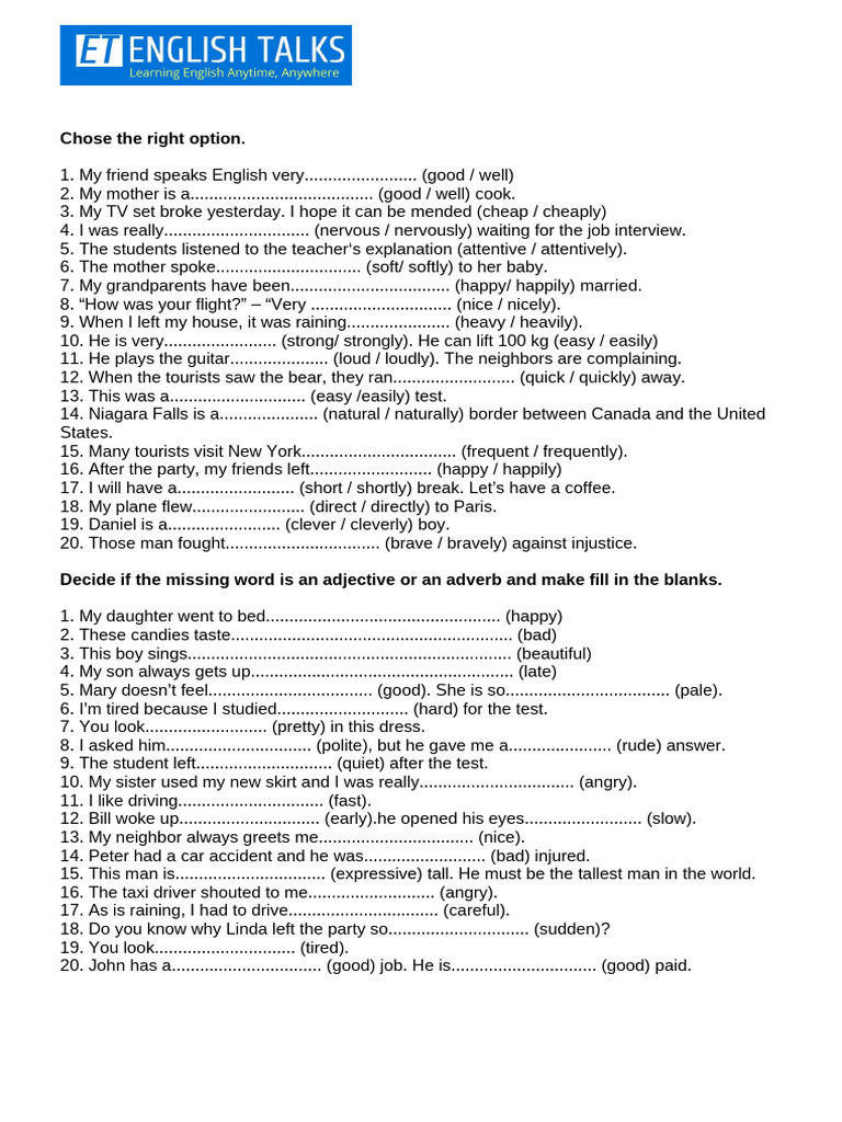 Adjective or Adverb Grammar Practice | PDF