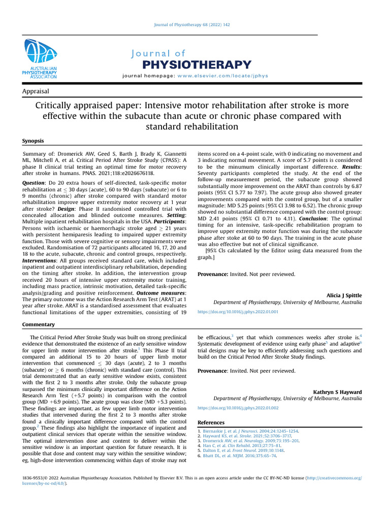 Critically Appraised Paper Intensive Motor Rehabilitation Afte 2022 ...
