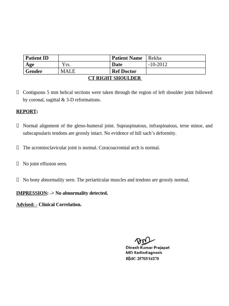 CT Scan Report: Normal Right Shoulder | PDF