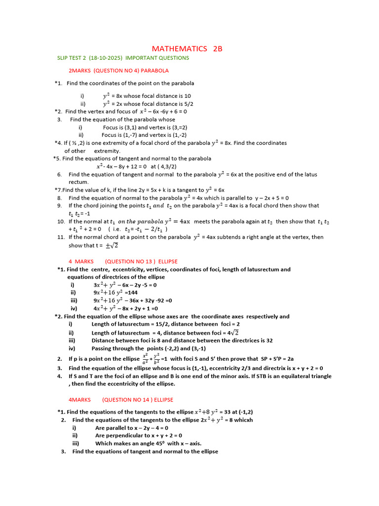 Sr. Maths 2B | PDF | Ellipse | Euclidean Plane Geometry
