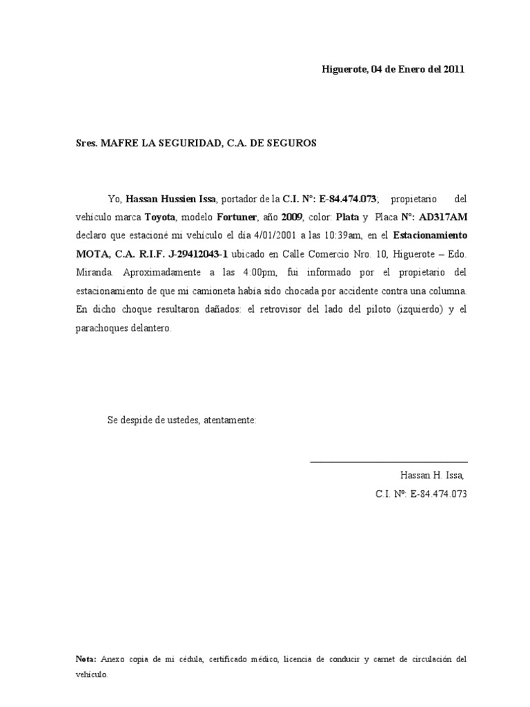 MODELO Carta Notificacion de Accidente SEGURO | PDF | Industria automotriz  | Tecnología de vehículos