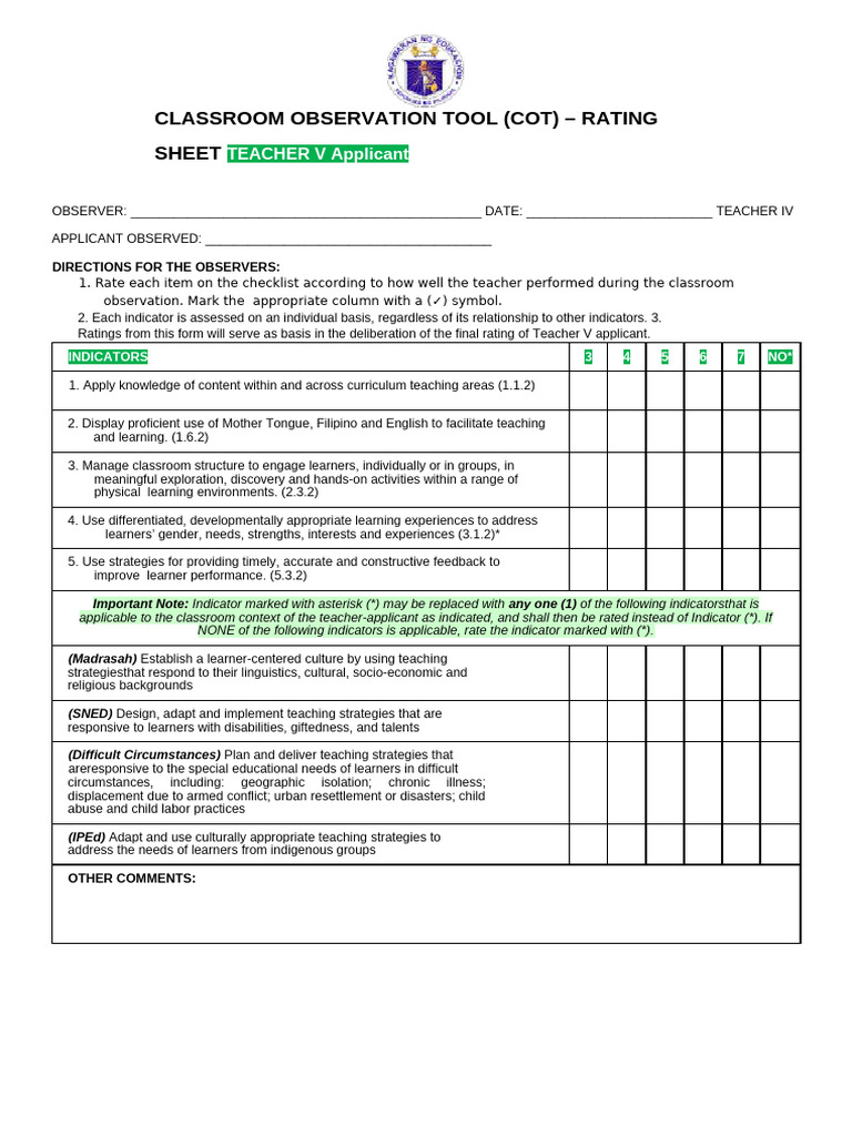 Classroom Observation Rating Sheet | PDF | Learning | Teachers
