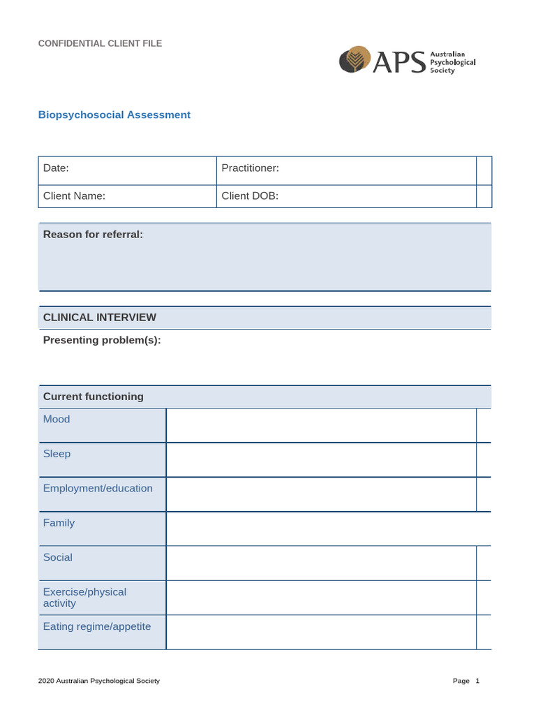 Biopsychosocial Assessment Template | PDF | Psychology | Mental Health