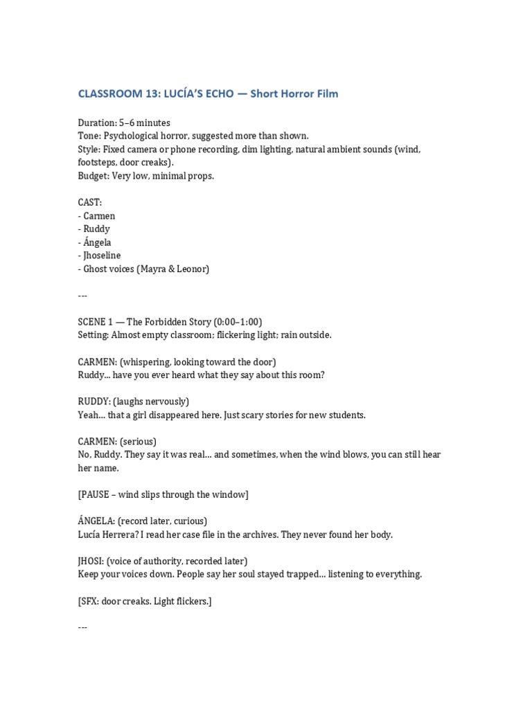 Classroom 13 Lucias Echo Short Horror Script | PDF