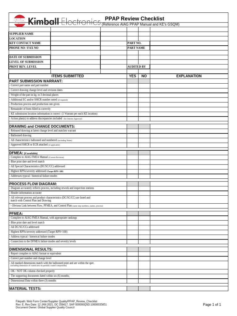 Keg Ppap Review Checklist | PDF | Specification (Technical Standard)
