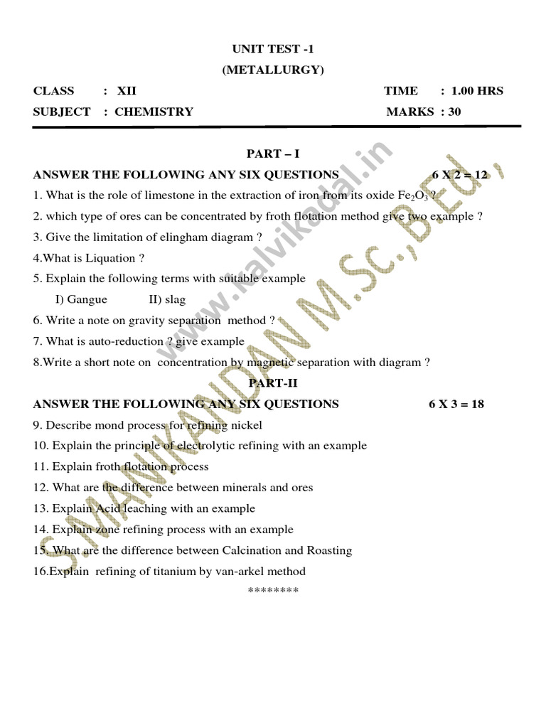 Chemistry Unit Tests for Class XII | PDF | Ph | Coordination Complex