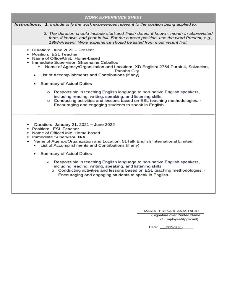 ESL Teacher Work Experience Summary | PDF