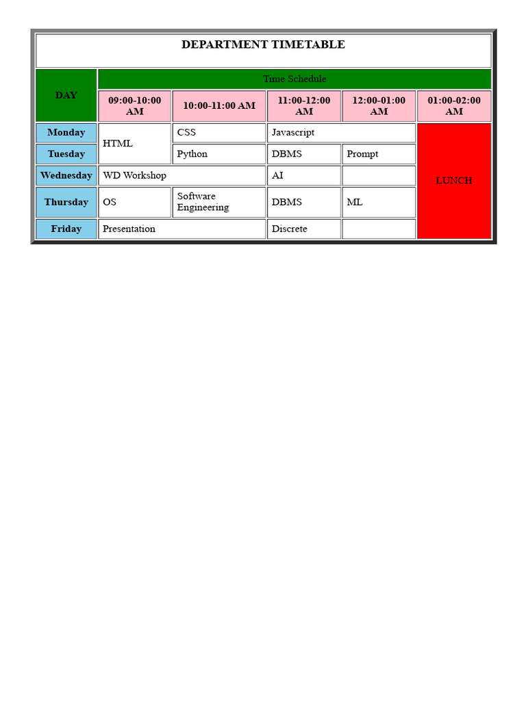 Weekly Department Timetable | PDF