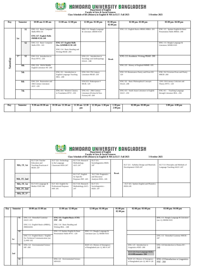 Fall 2025 English Class Schedule | PDF | English Language | Linguistics