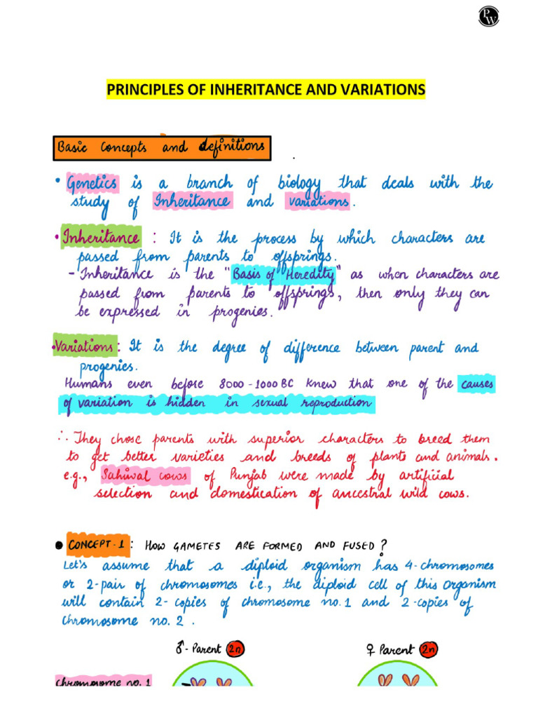 Principle of Inheritance and Variation Handwritten Notes (B | PDF