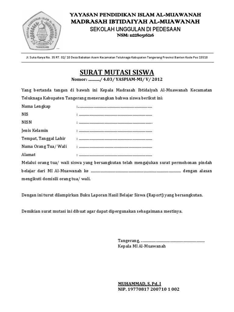 Surat Mutasi Siswa Pdf