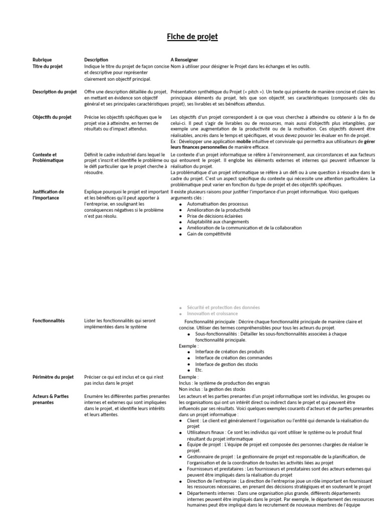 Fiche de projet informatique concise | PDF | Partie prenante ...
