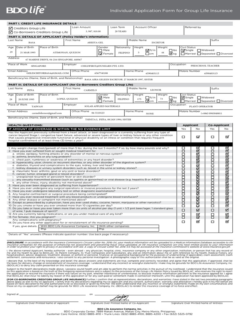 Group Life Insurance Application Form | PDF | Insurance | Cancer