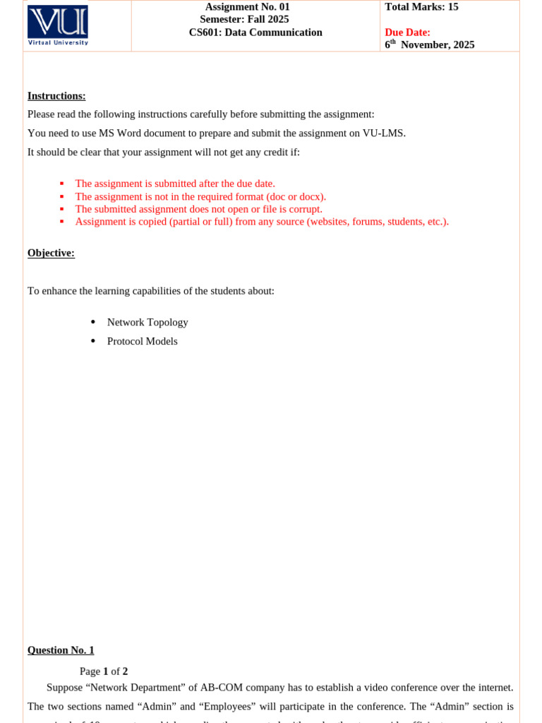 CS601 Data Communication Assignment 01 | PDF