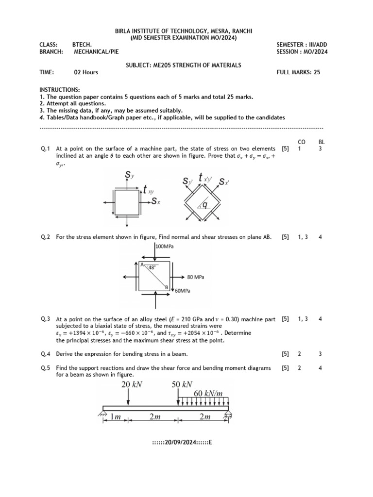 Mid-Sem Exam ME205 Strength of Materials | PDF
