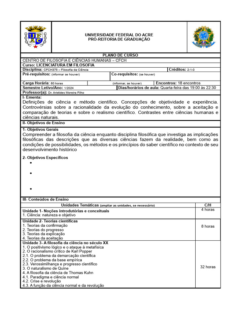 Filosofia da Ciência: Plano de Curso 2024 | PDF | Science | Conhecimento