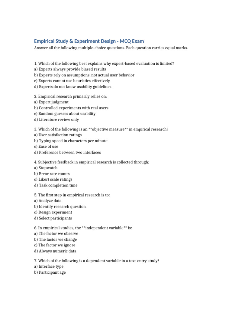 Empirical Research MCQ Exam Guide | PDF | Level Of Measurement | Experiment