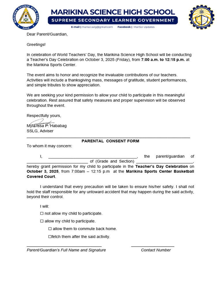 Teachers' Day 2025 - Parent Consent Form | PDF