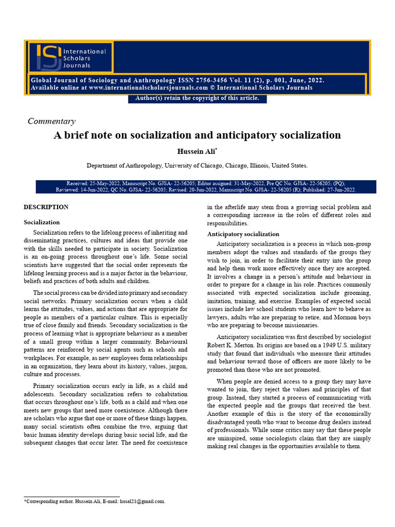 A Brief Note On Socialization and Anticipatory Socialization | PDF ...