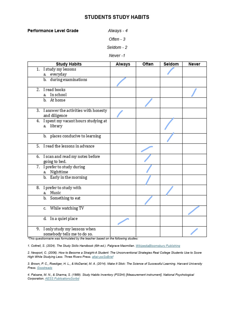 Student Study Habits Questionnaire | PDF