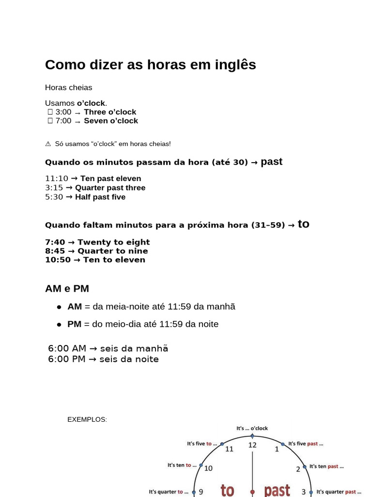 Exercícios sobre Horas em Inglês | PDF