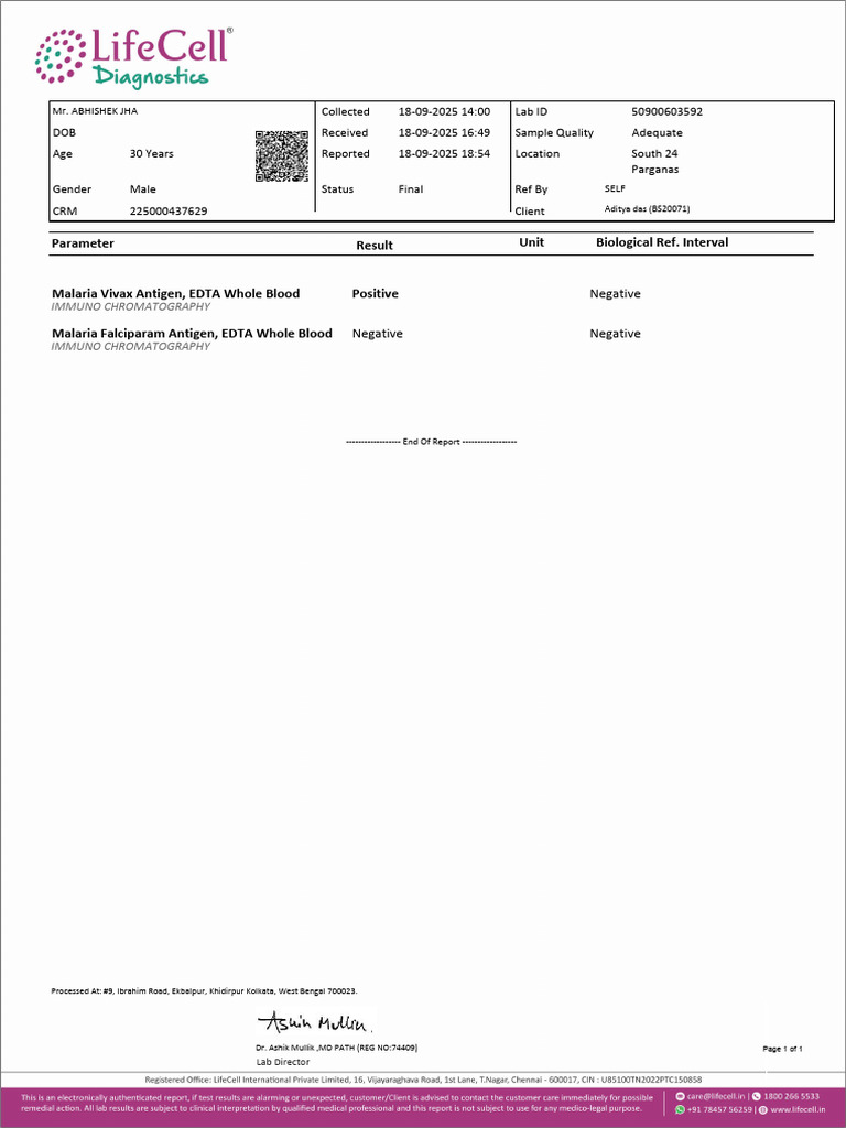 Malaria Antigen Test Results Report | PDF