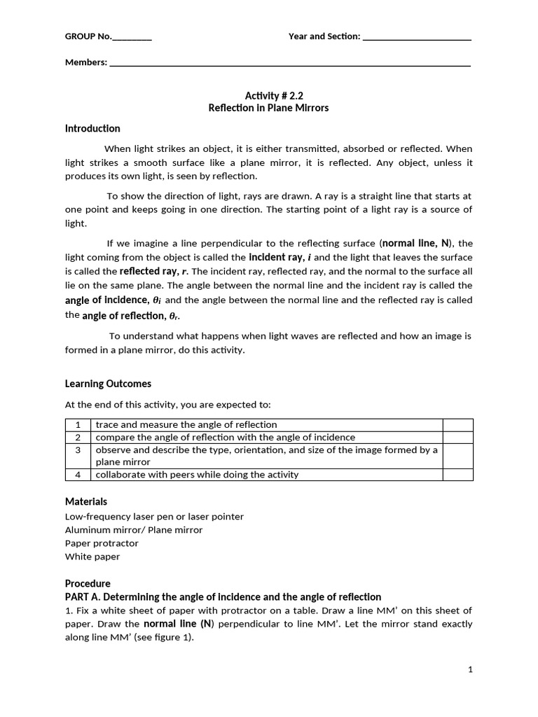 Activity 2.2 Reflection in Plane Mirror | PDF | Reflection (Physics ...