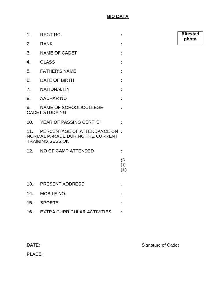Cadet Bio Data Form Template | PDF