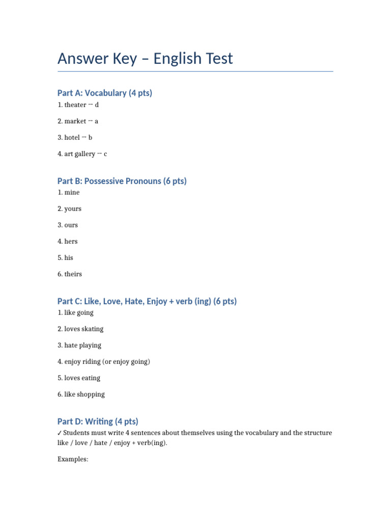English Test Answer Key | PDF