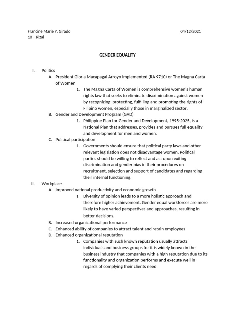 Gender Equality in Politics and Society | PDF | Gender And Development ...