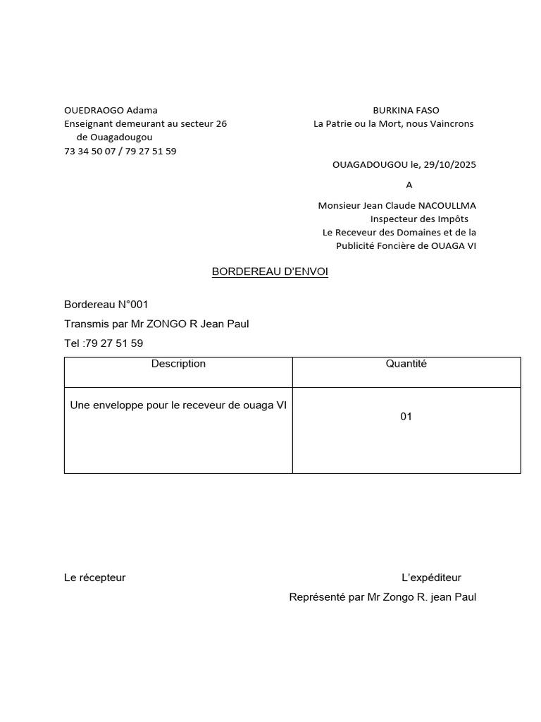 Bordereau d'envoi pour Ouaga VI | PDF