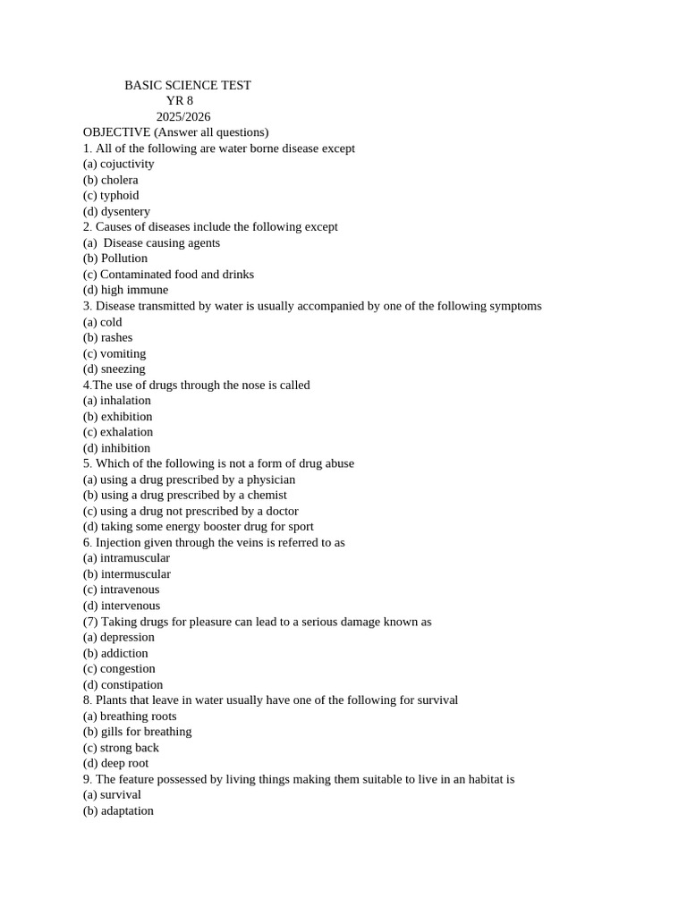 Year 8 Basic Science Test 2025/2026 | PDF | Human Diseases And ...