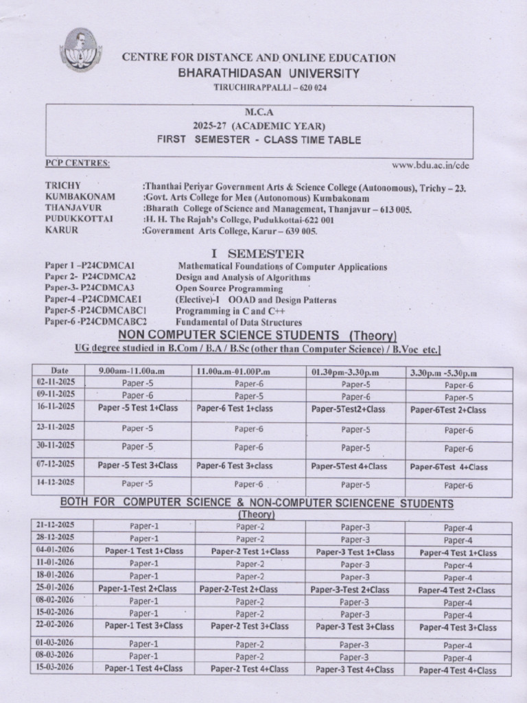 Mca 1 Sem 2025-27 Academic Year Class Time Table | PDF