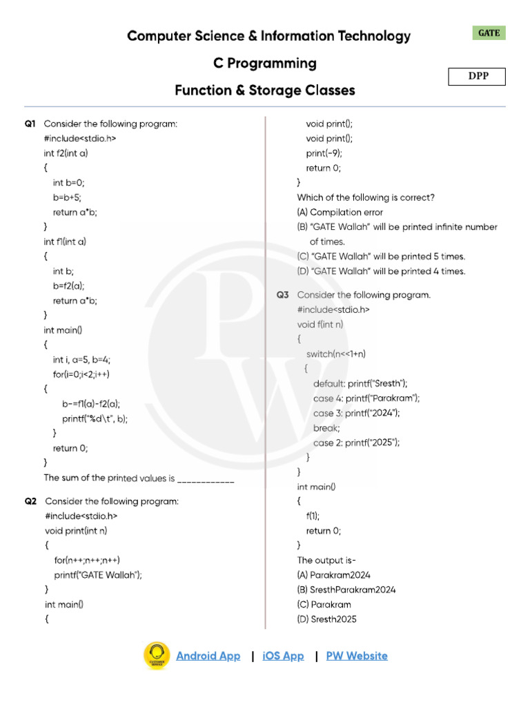 Functions & Storage Classes DPP | PDF