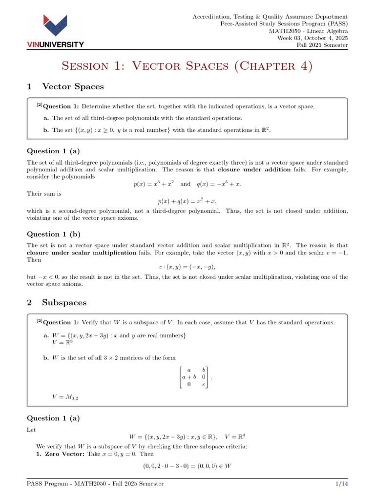 Linear Algebra: Vector Spaces & Subspaces | PDF | Vector Space | Scalar ...